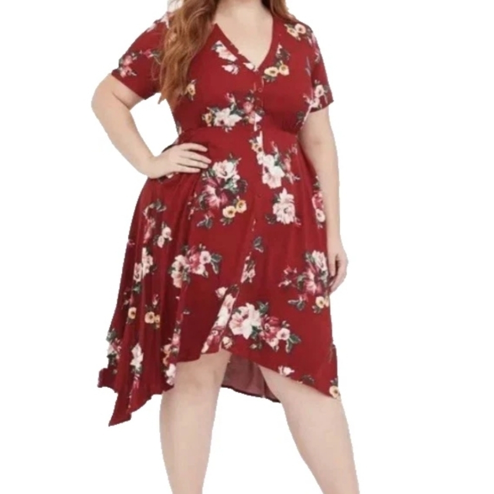 Torrid Red Floral Button Front Challis Dress